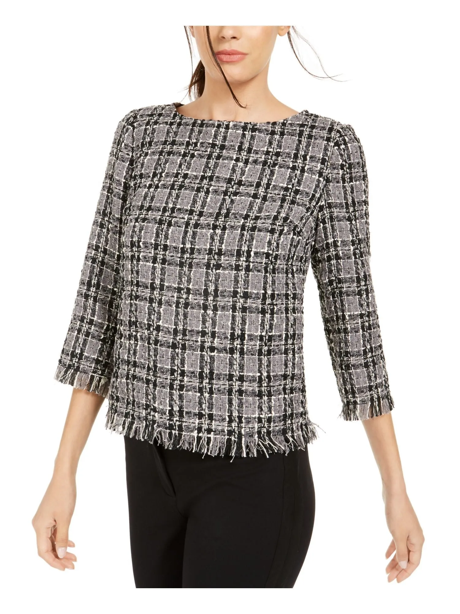 ANNE KLEIN Womens Black Plaid 3/4 Sleeve Jewel Neck Wear To Work Sweater