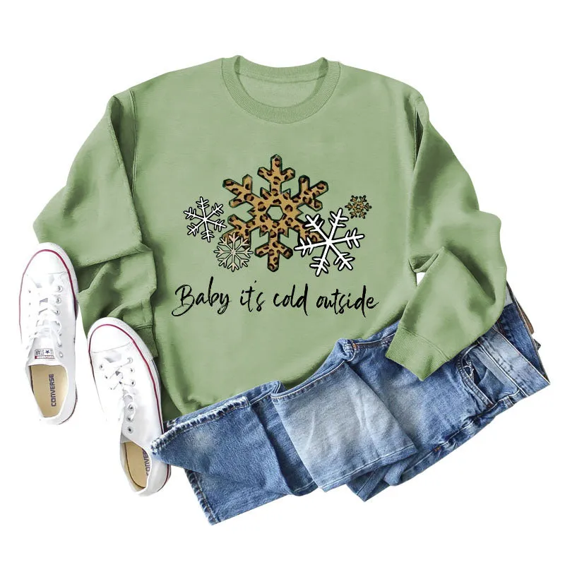 Baby, It's Cold Outside, Letter Print Leopard Print Long-sleeved Round Neck Sweater