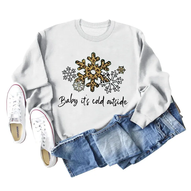 Baby, It's Cold Outside, Letter Print Leopard Print Long-sleeved Round Neck Sweater