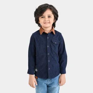 Boys Corduroy Casual Shirt F/S (Contrast Collar)-Blue