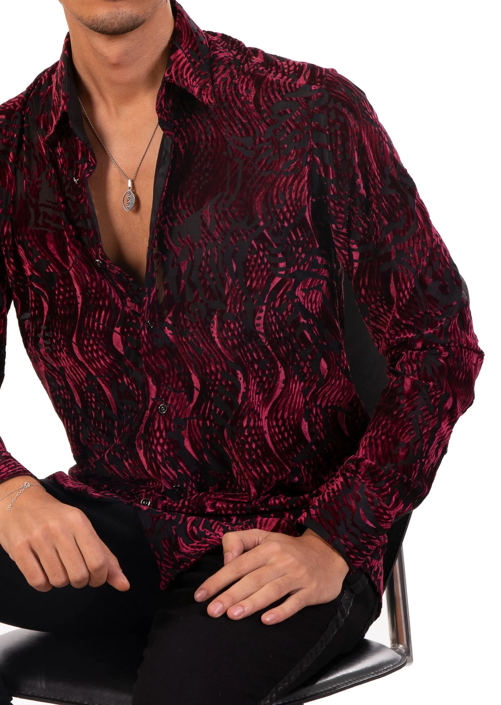 Burgundy Wave Crush Velvet Shirt