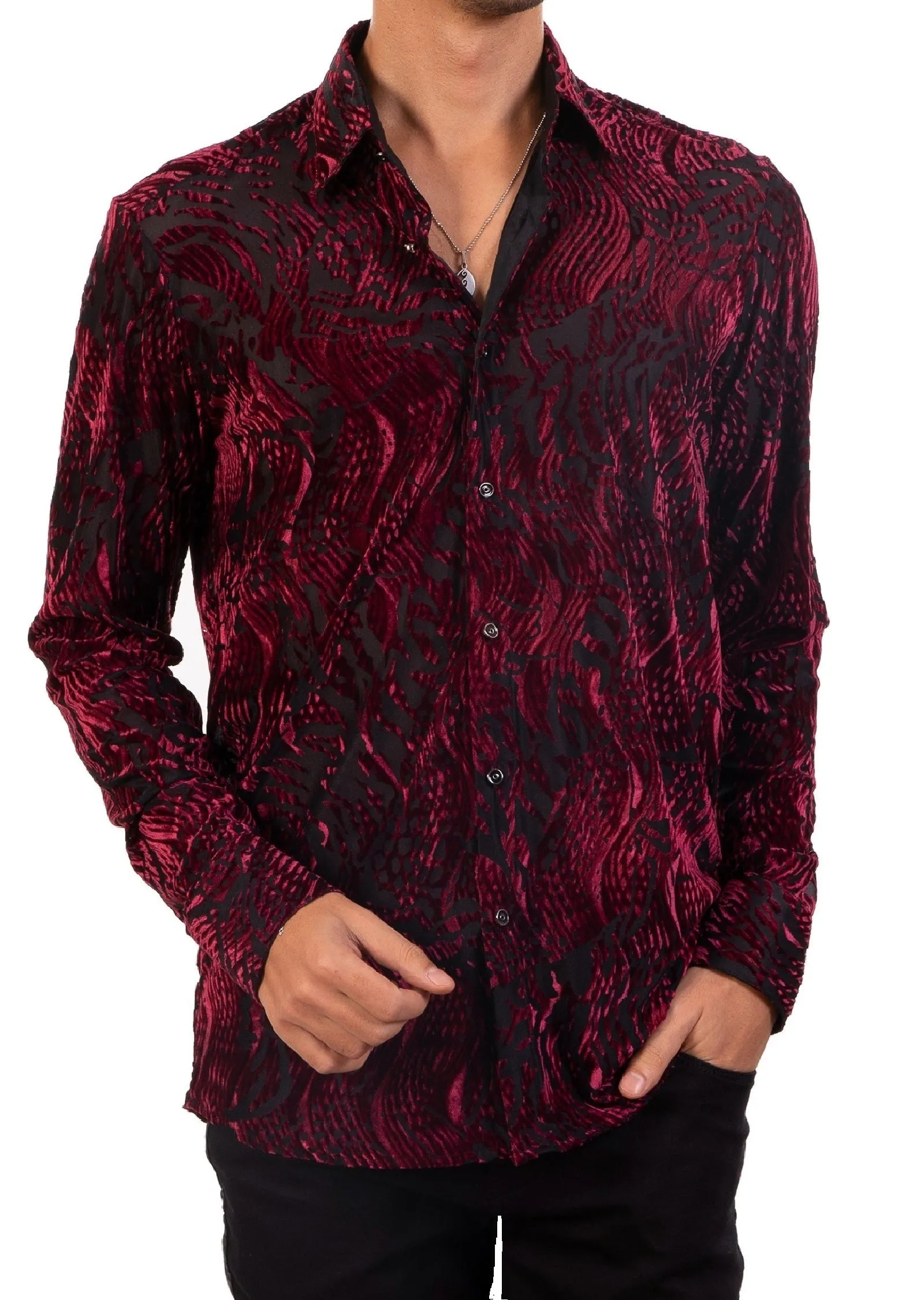 Burgundy Wave Crush Velvet Shirt