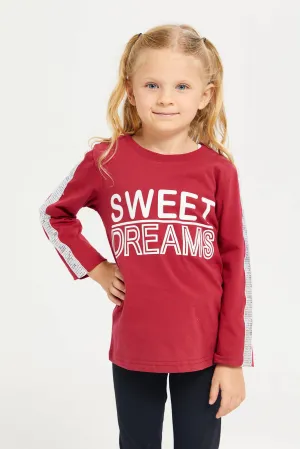 Girls Burgundy Long Sleeve Printed T-Shirt