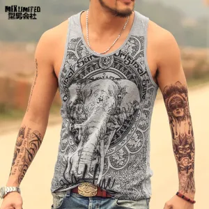 Grey Men Tank Top Casual Fitness Singlets Brand Mens Sleeveless Gasp Hip Hop Vest Elephant Print Cotton undershirt T680