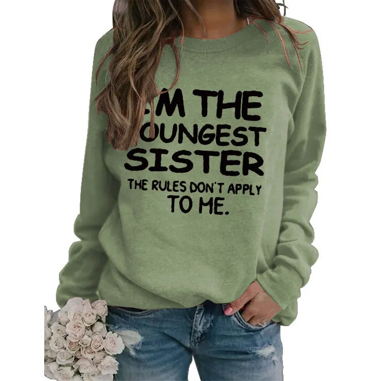 I'M THE YOUNGEST Round Neck Letter Fashion Long Sleeve Print Loose Women's Sweater