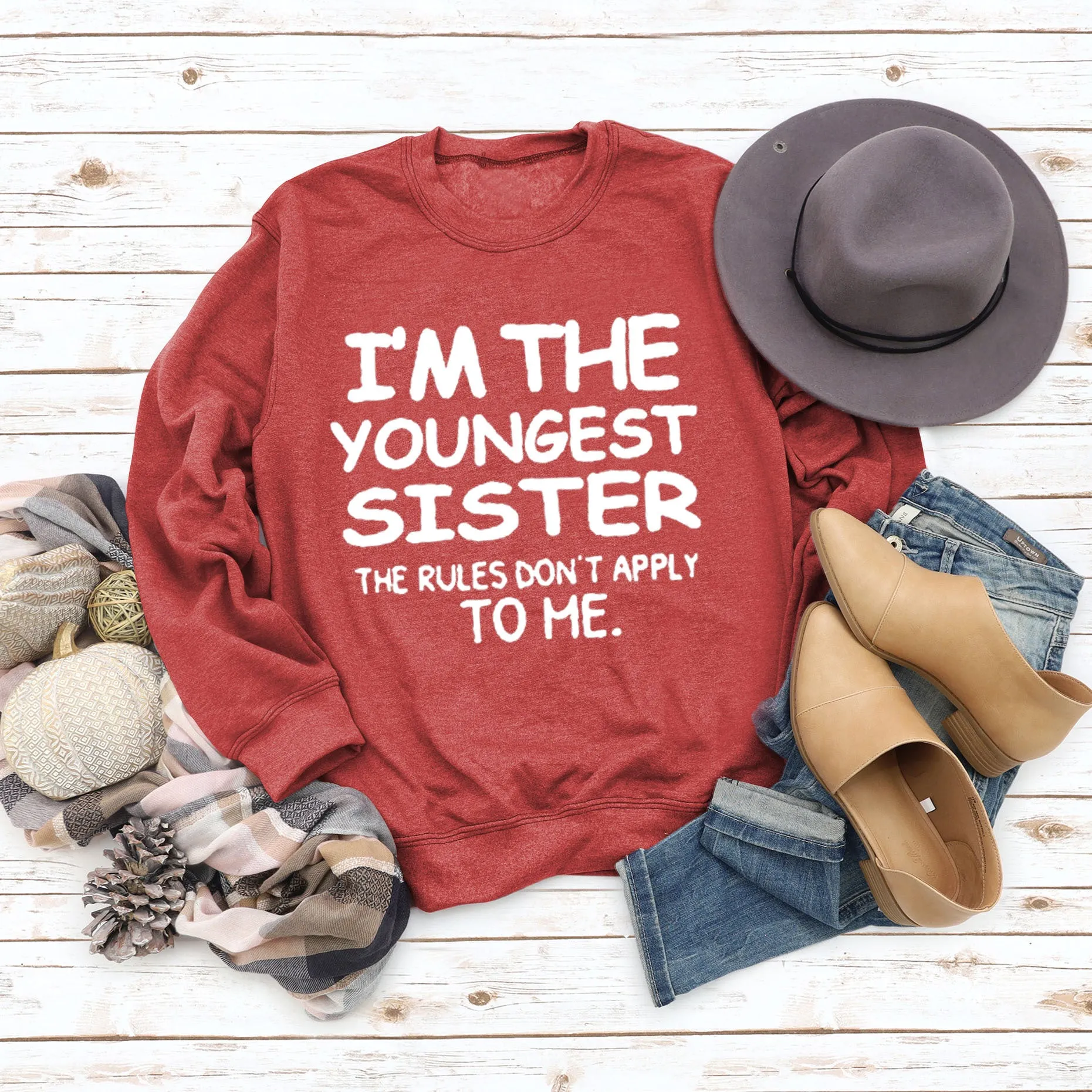 I'M THE YOUNGEST Round Neck Letter Fashion Long Sleeve Print Loose Women's Sweater