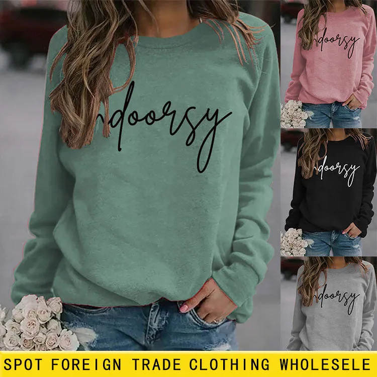 Indoorsy Pullover Round Neck Shirt Long Sleeve Printing Loose Simple Sweater