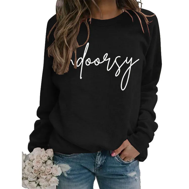 Indoorsy Pullover Round Neck Shirt Long Sleeve Printing Loose Simple Sweater