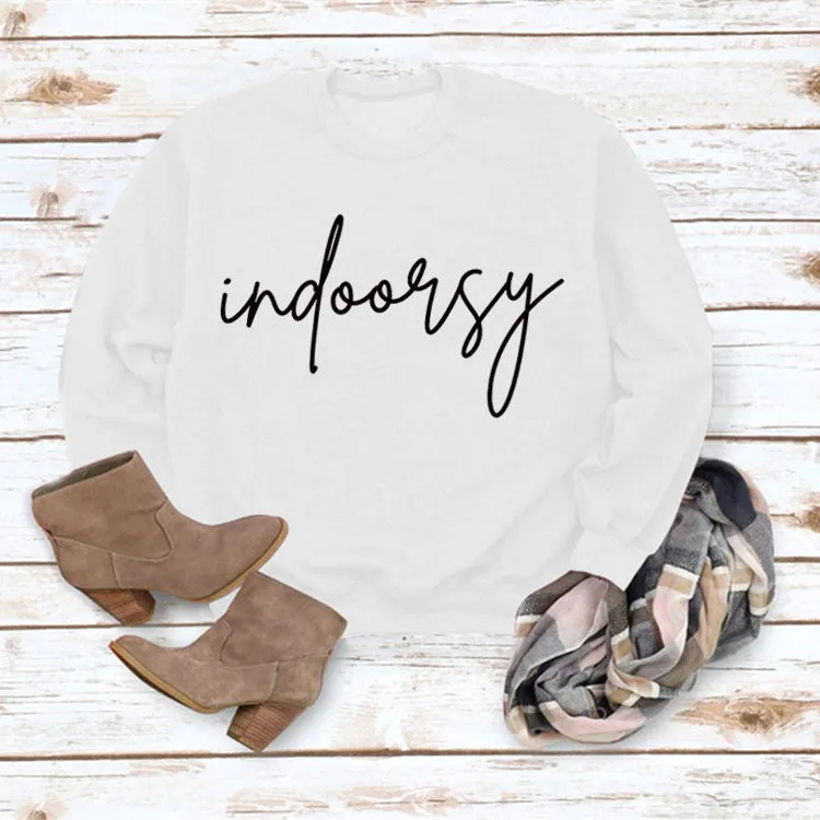 Indoorsy Pullover Round Neck Shirt Long Sleeve Printing Loose Simple Sweater