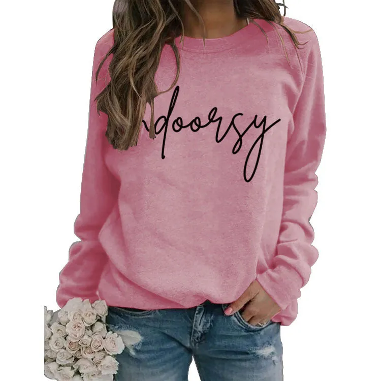 Indoorsy Pullover Round Neck Shirt Long Sleeve Printing Loose Simple Sweater