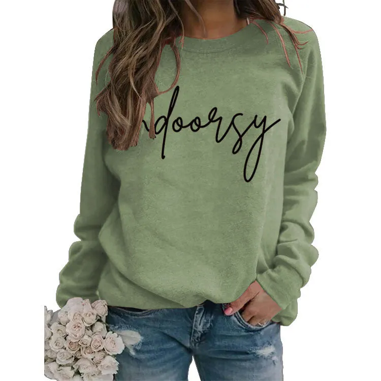 Indoorsy Pullover Round Neck Shirt Long Sleeve Printing Loose Simple Sweater