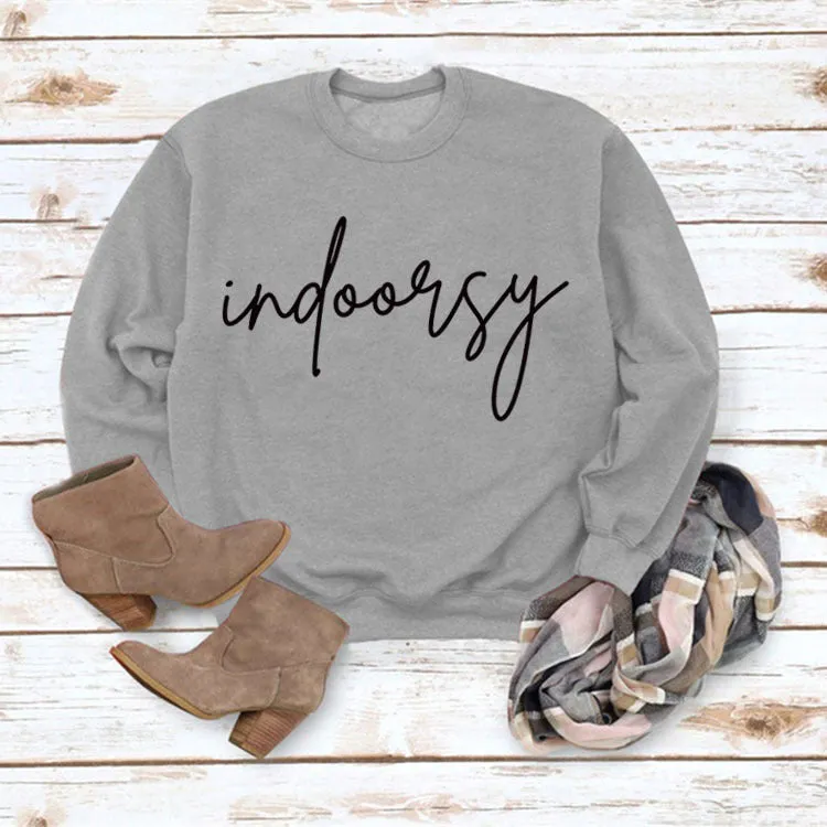 Indoorsy Pullover Round Neck Shirt Long Sleeve Printing Loose Simple Sweater