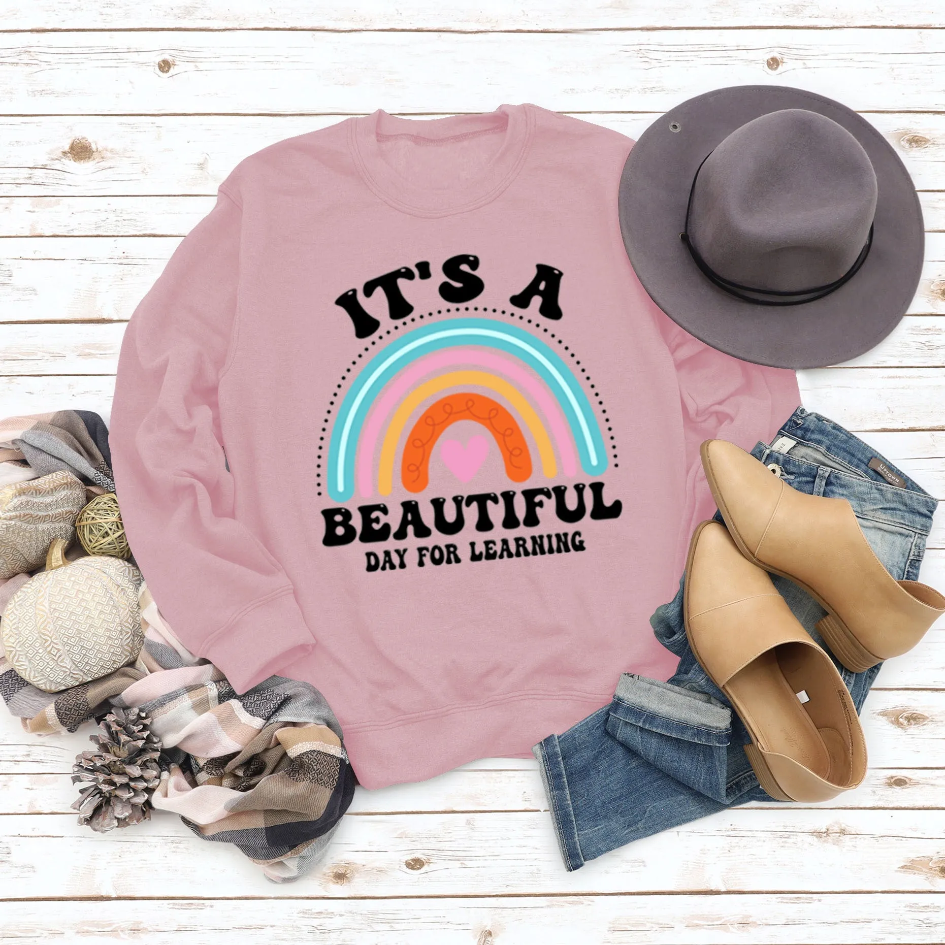 IT'S A BEAUTIFUL DAY Letters Round Neck Print Long-sleeved Large Size Sweater