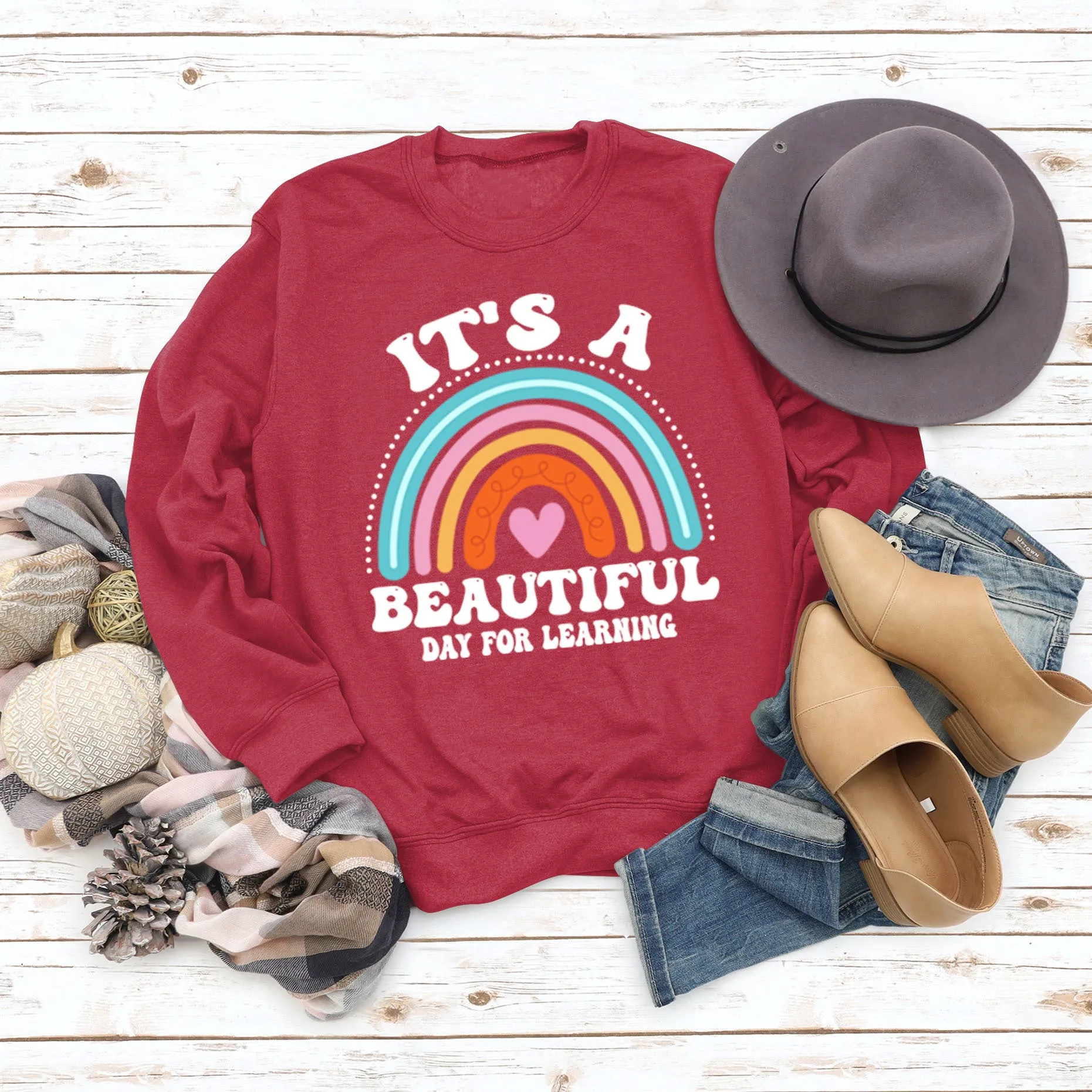 IT'S A BEAUTIFUL DAY Letters Round Neck Print Long-sleeved Large Size Sweater