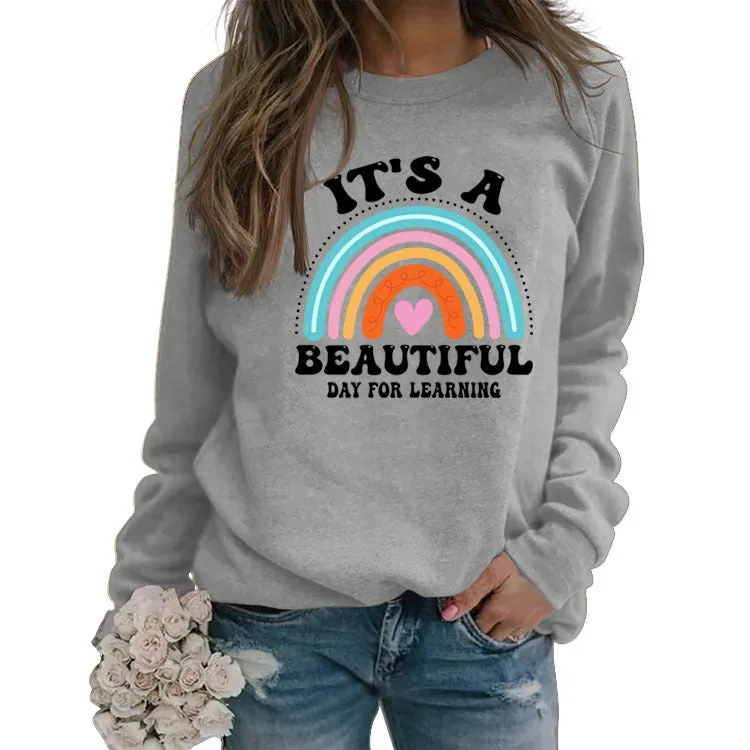 IT'S A BEAUTIFUL DAY Letters Round Neck Print Long-sleeved Large Size Sweater