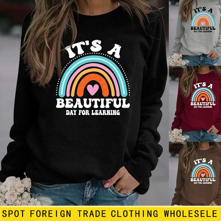 IT'S A BEAUTIFUL DAY Letters Round Neck Print Long-sleeved Large Size Sweater