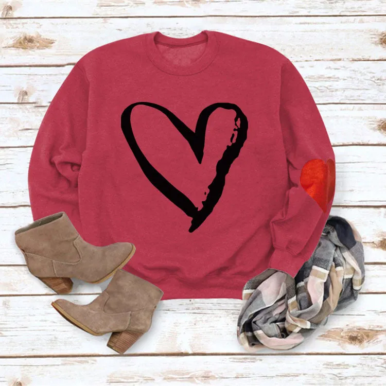 Love Heart Printed Round Neck Long Sleeve Women's Loose Sweater