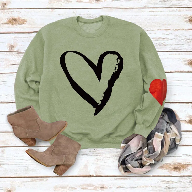 Love Heart Printed Round Neck Long Sleeve Women's Loose Sweater