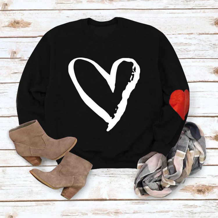 Love Heart Printed Round Neck Long Sleeve Women's Loose Sweater