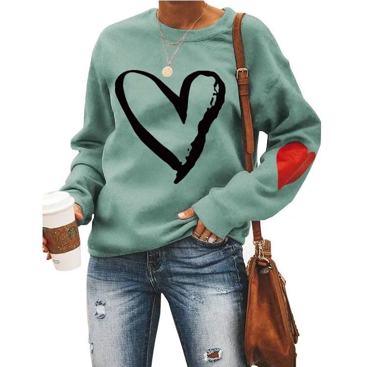 Love Heart Printed Round Neck Long Sleeve Women's Loose Sweater