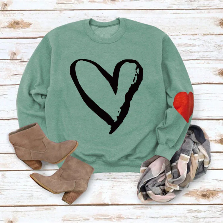 Love Heart Printed Round Neck Long Sleeve Women's Loose Sweater