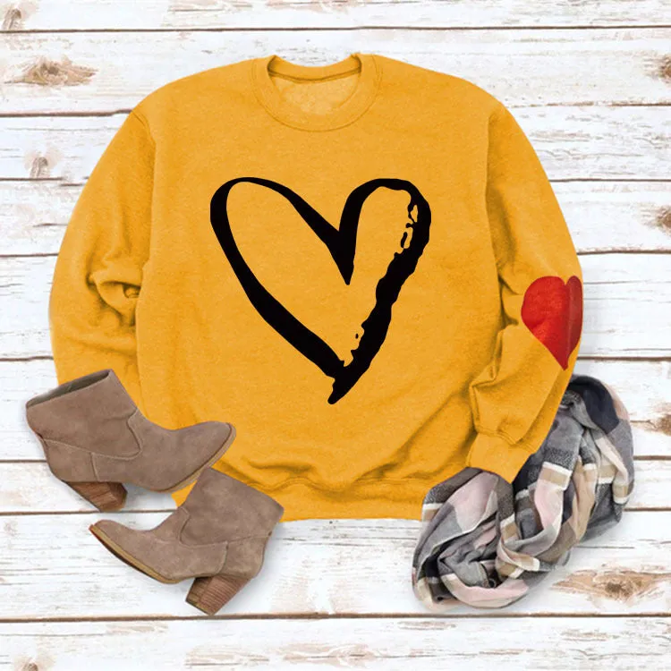 Love Heart Printed Round Neck Long Sleeve Women's Loose Sweater