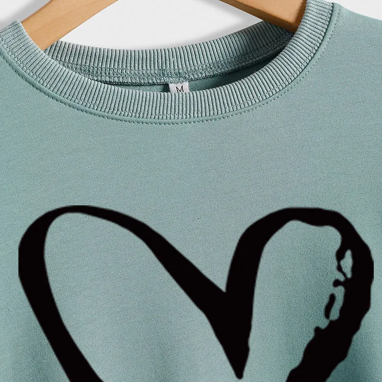 Love Heart Printed Round Neck Long Sleeve Women's Loose Sweater