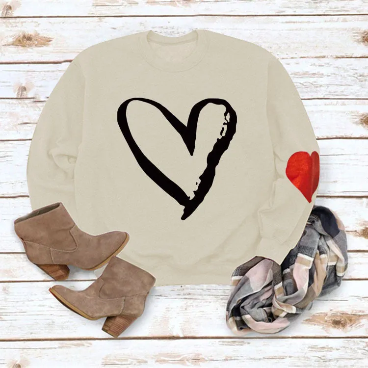 Love Heart Printed Round Neck Long Sleeve Women's Loose Sweater