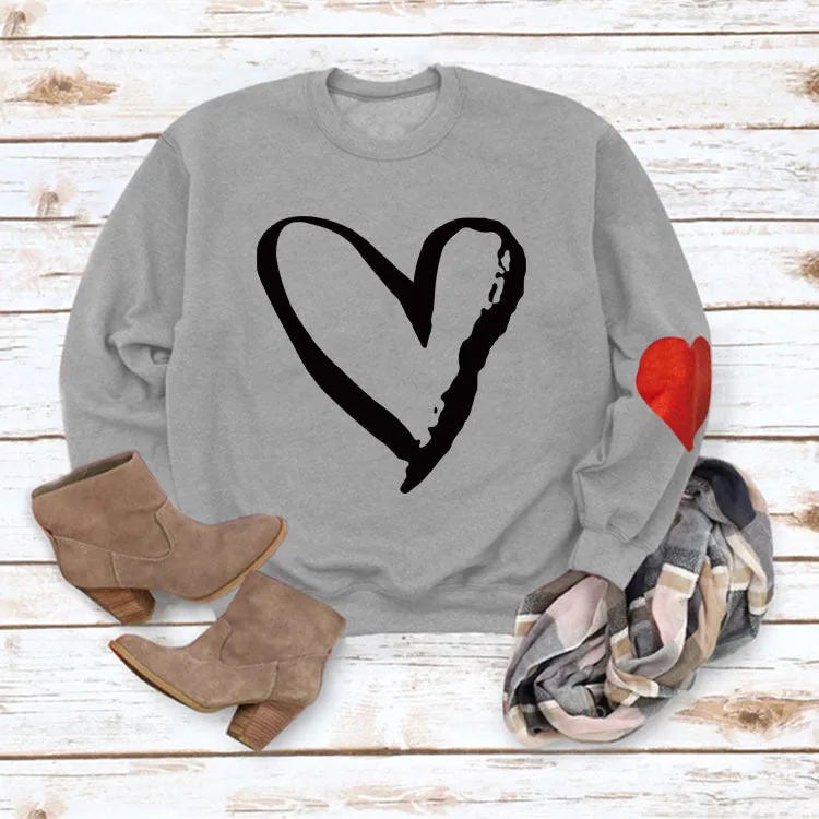 Love Heart Printed Round Neck Long Sleeve Women's Loose Sweater