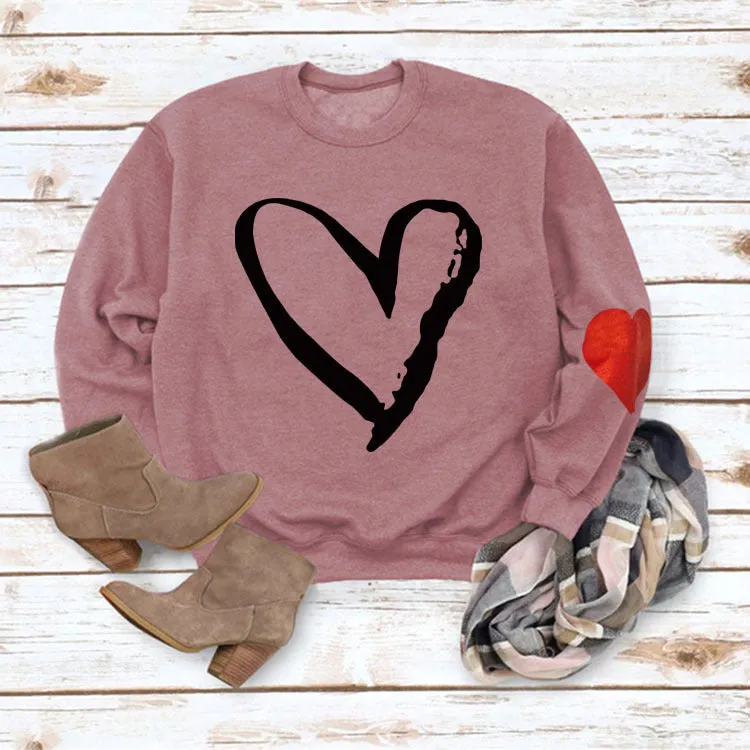 Love Heart Printed Round Neck Long Sleeve Women's Loose Sweater