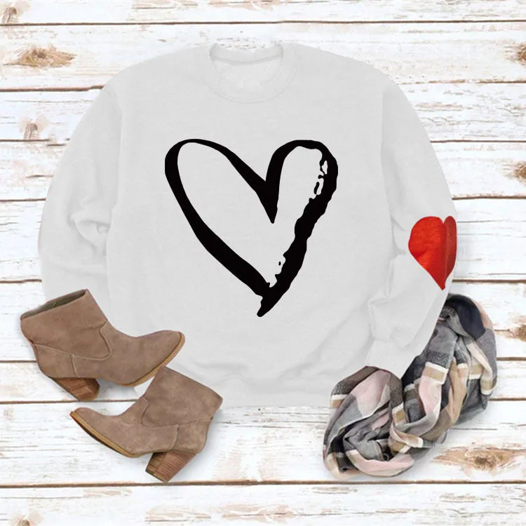 Love Heart Printed Round Neck Long Sleeve Women's Loose Sweater