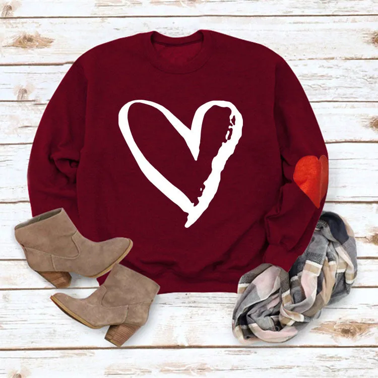 Love Heart Printed Round Neck Long Sleeve Women's Loose Sweater