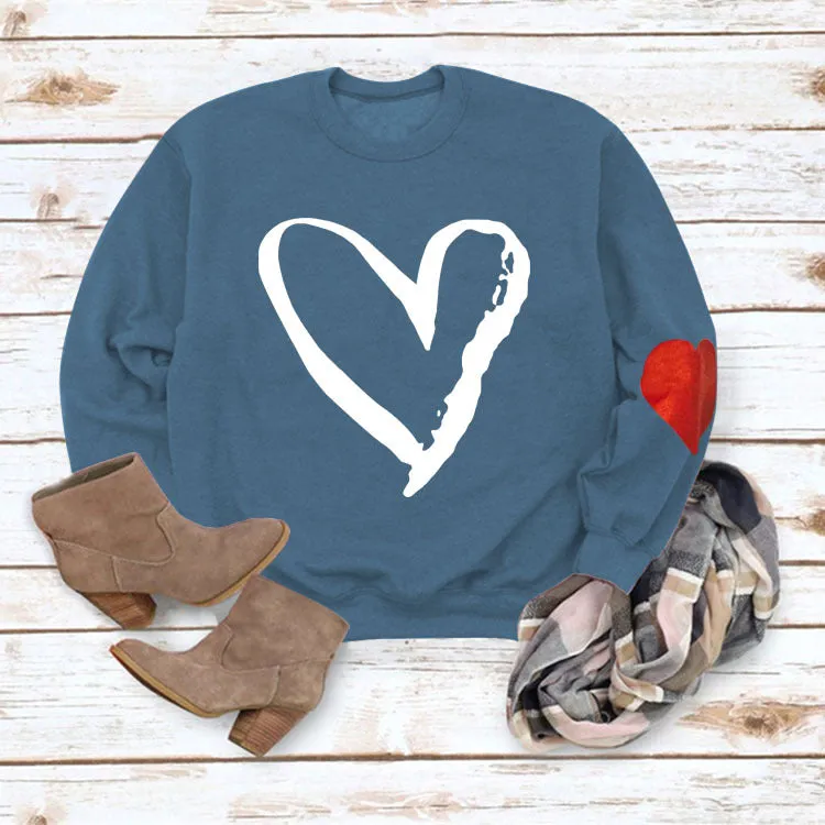 Love Heart Printed Round Neck Long Sleeve Women's Loose Sweater