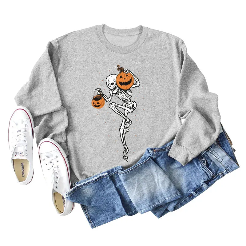 Pumpkin Skull Print Fashion Bottoming Long Sleeve Loose Ladies Sweatshirt