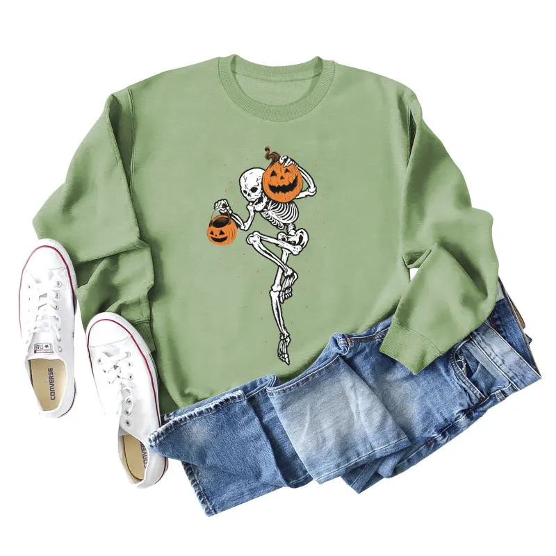 Pumpkin Skull Print Fashion Bottoming Long Sleeve Loose Ladies Sweatshirt