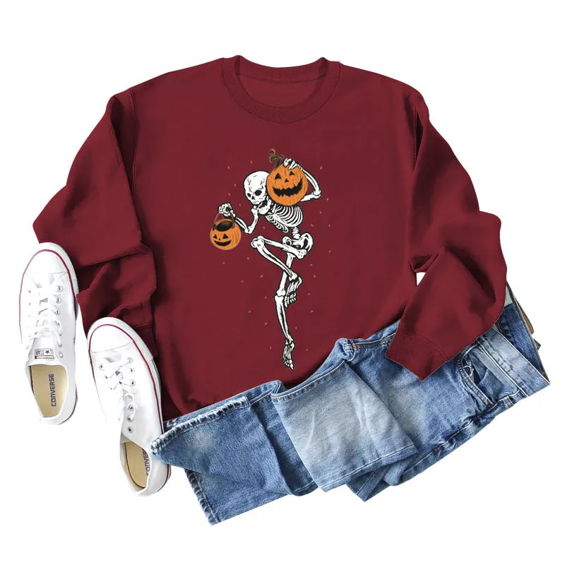 Pumpkin Skull Print Fashion Bottoming Long Sleeve Loose Ladies Sweatshirt