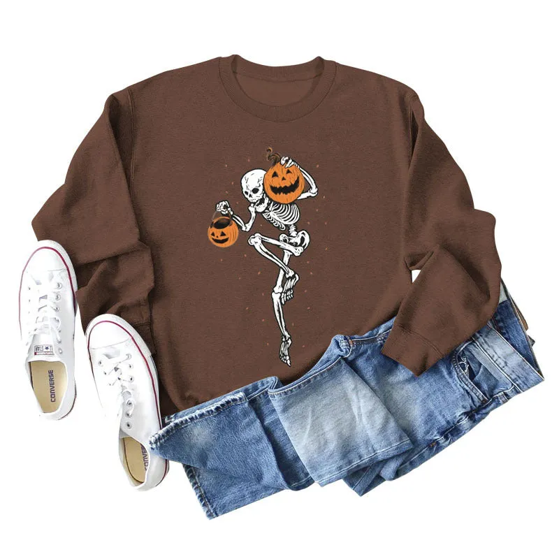 Pumpkin Skull Print Fashion Bottoming Long Sleeve Loose Ladies Sweatshirt