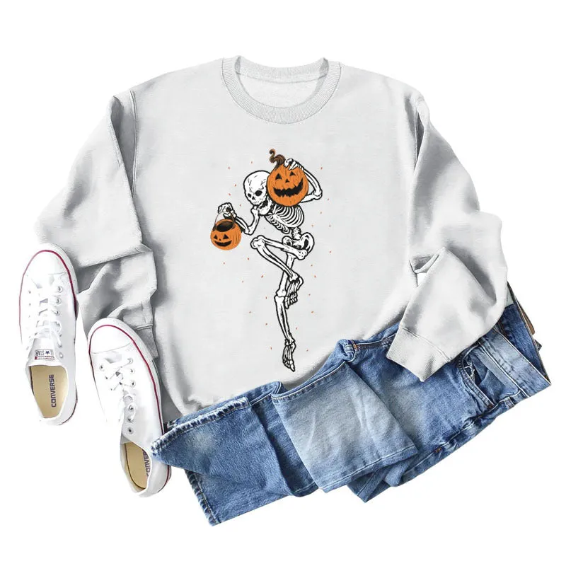 Pumpkin Skull Print Fashion Bottoming Long Sleeve Loose Ladies Sweatshirt