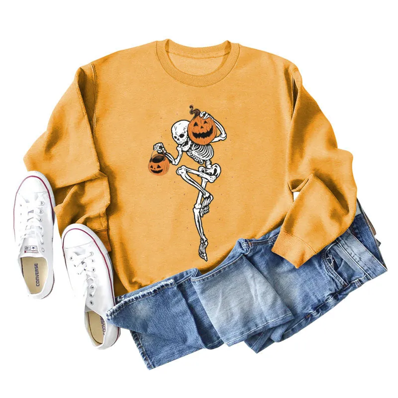 Pumpkin Skull Print Fashion Bottoming Long Sleeve Loose Ladies Sweatshirt