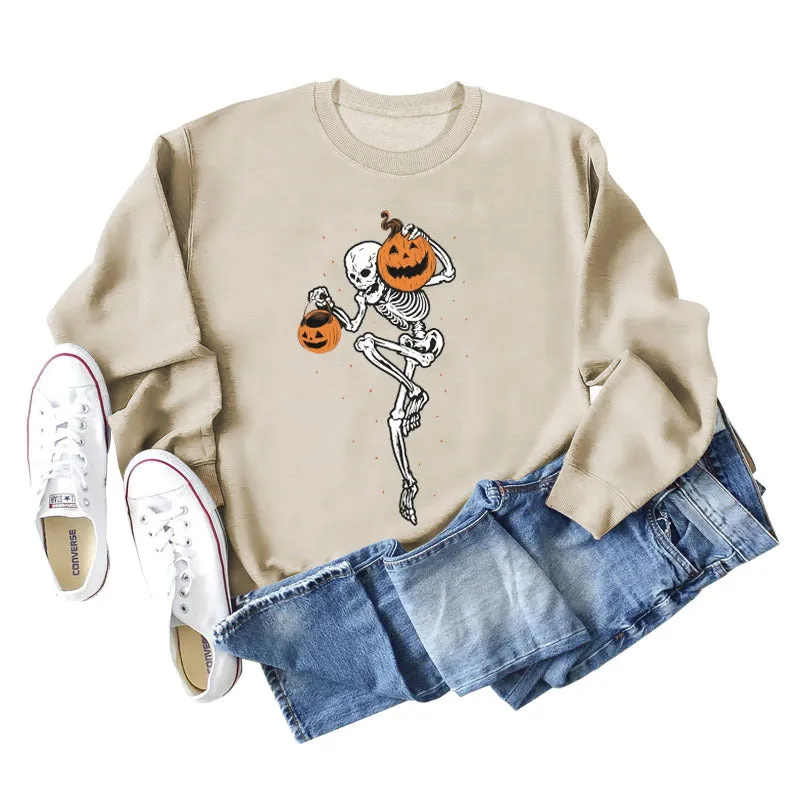 Pumpkin Skull Print Fashion Bottoming Long Sleeve Loose Ladies Sweatshirt