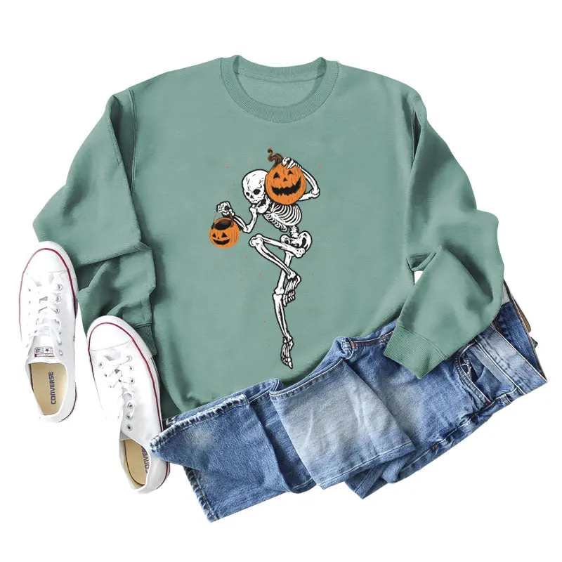 Pumpkin Skull Print Fashion Bottoming Long Sleeve Loose Ladies Sweatshirt