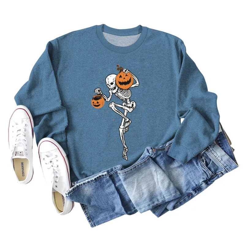 Pumpkin Skull Print Fashion Bottoming Long Sleeve Loose Ladies Sweatshirt