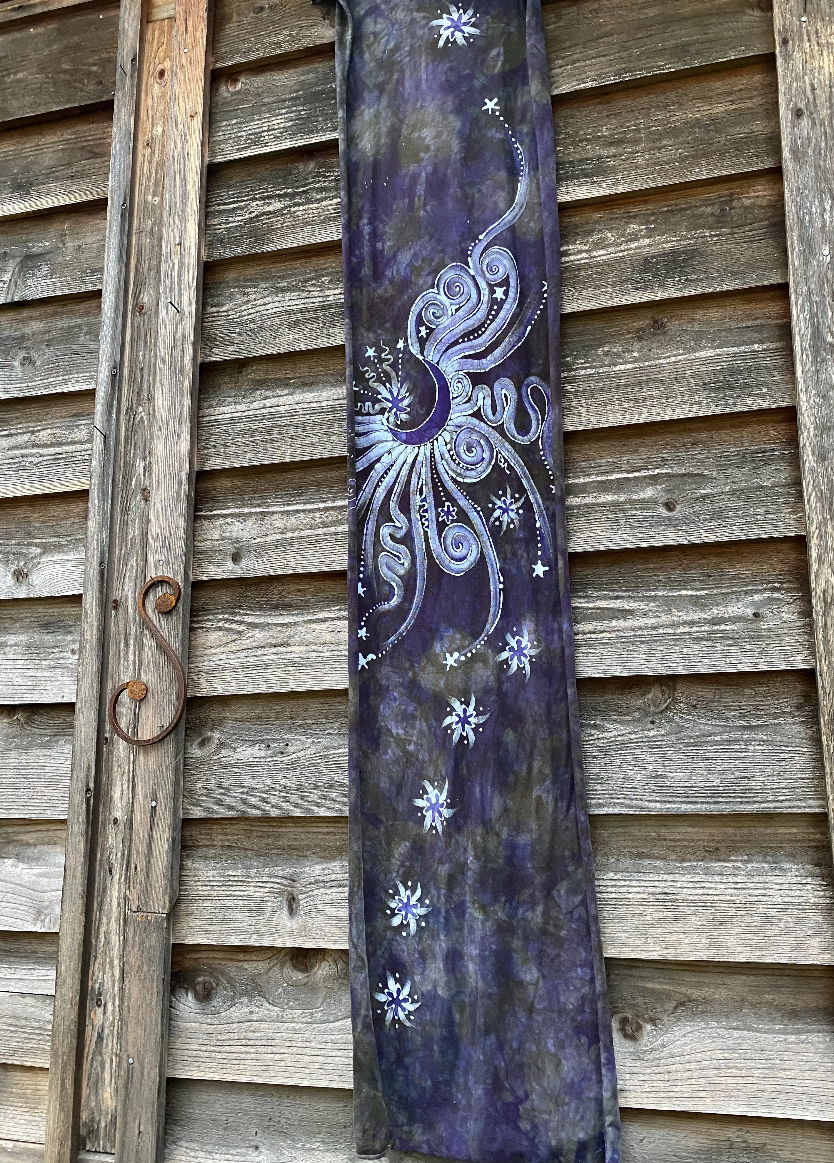 Rising From Ash - Purple Moon Hand Painted Organic Knit Fabric Scarf