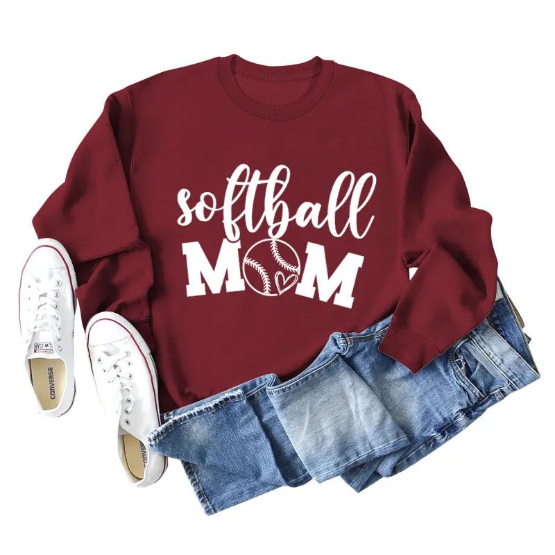 Softball Mom Heart Letters Fashion Loose Long-sleeved Round Neck Sweater