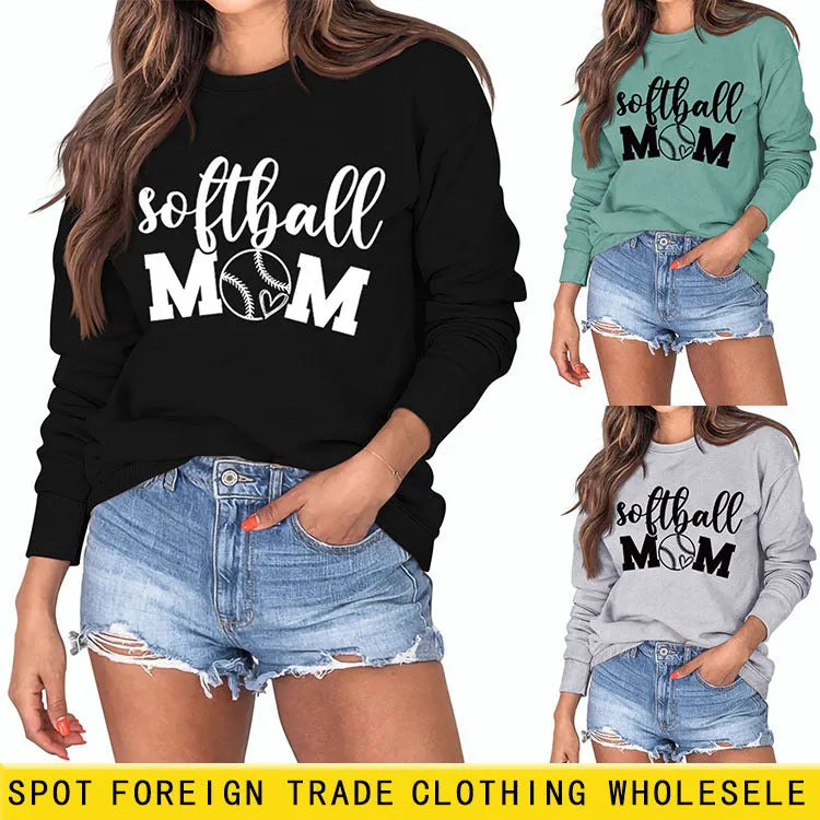 Softball Mom Heart Letters Fashion Loose Long-sleeved Round Neck Sweater