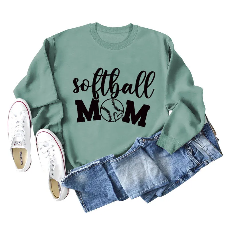 Softball Mom Heart Letters Fashion Loose Long-sleeved Round Neck Sweater