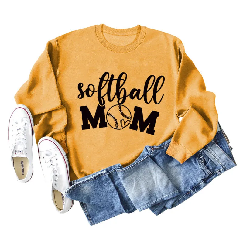 Softball Mom Heart Letters Fashion Loose Long-sleeved Round Neck Sweater