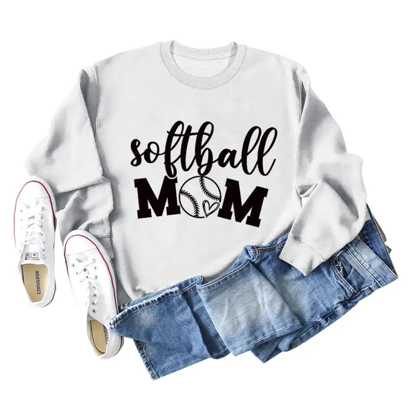 Softball Mom Heart Letters Fashion Loose Long-sleeved Round Neck Sweater