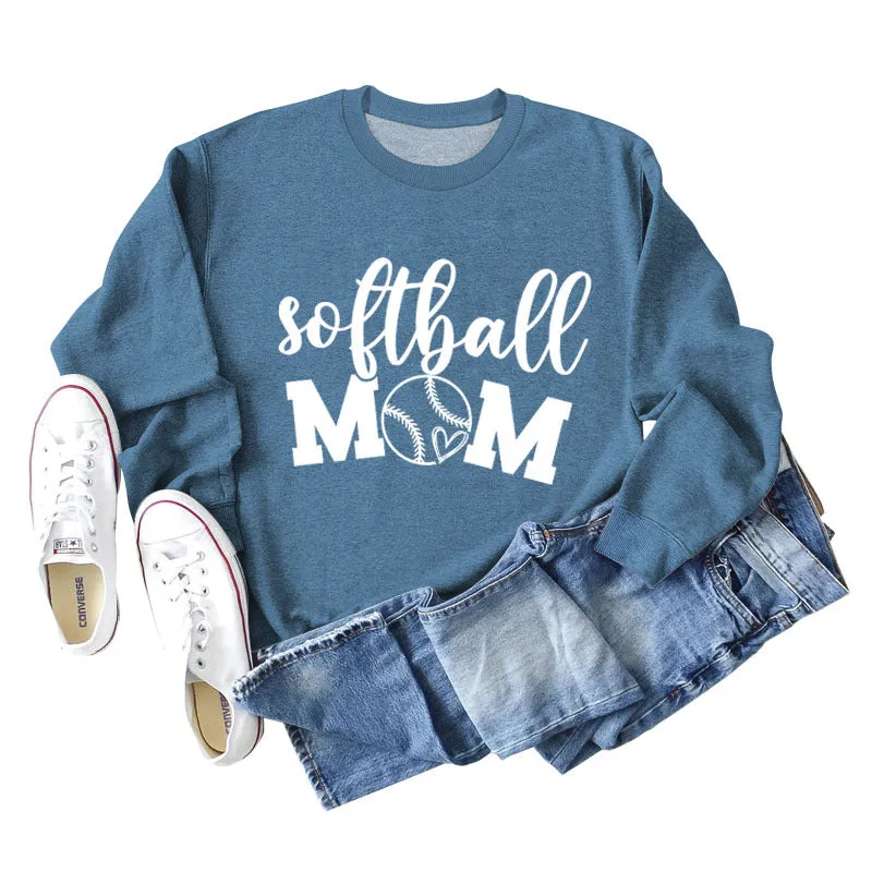 Softball Mom Heart Letters Fashion Loose Long-sleeved Round Neck Sweater