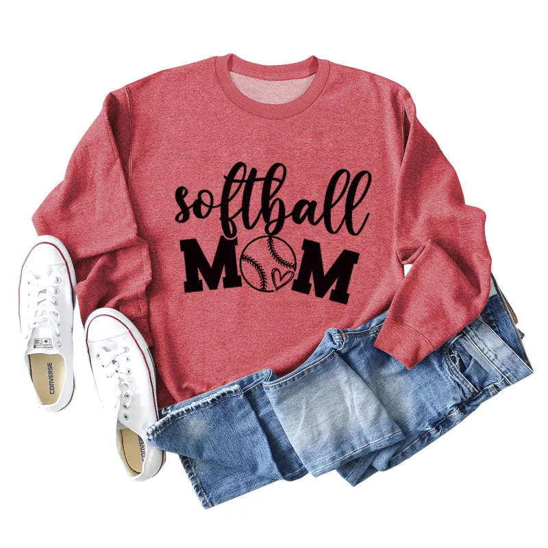 Softball Mom Heart Letters Fashion Loose Long-sleeved Round Neck Sweater